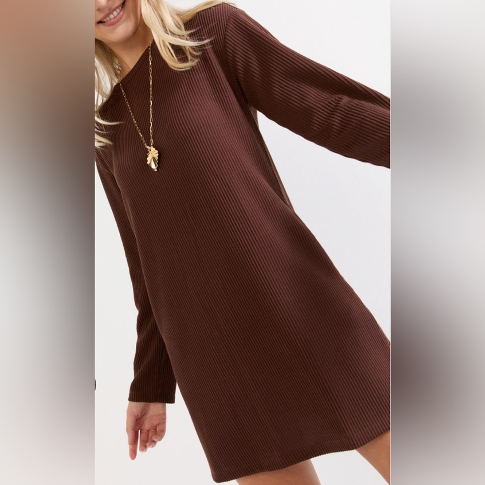 Lucy Rib Knit Shift Mini Dress Brown S - Picture 6 of 9